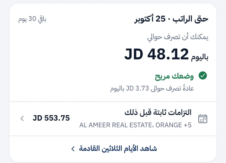 The payday card in Arabic: about 48 dinars a day until the salary on 25 October, marked comfortable.